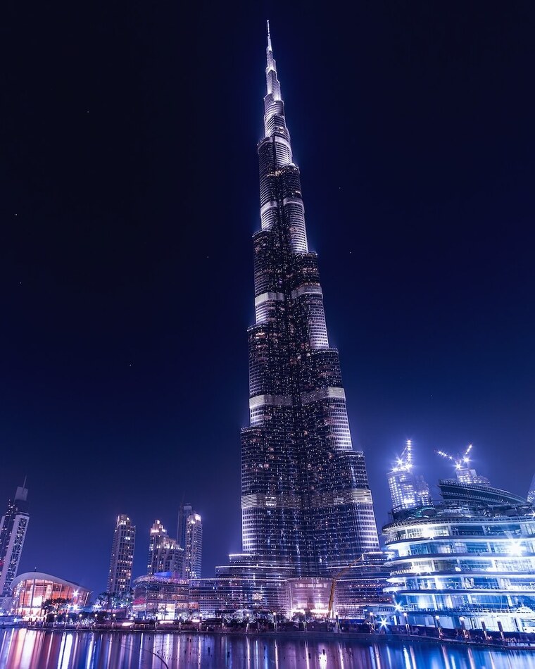 The Burj Khalifa and Downtown Dubai skyline at night